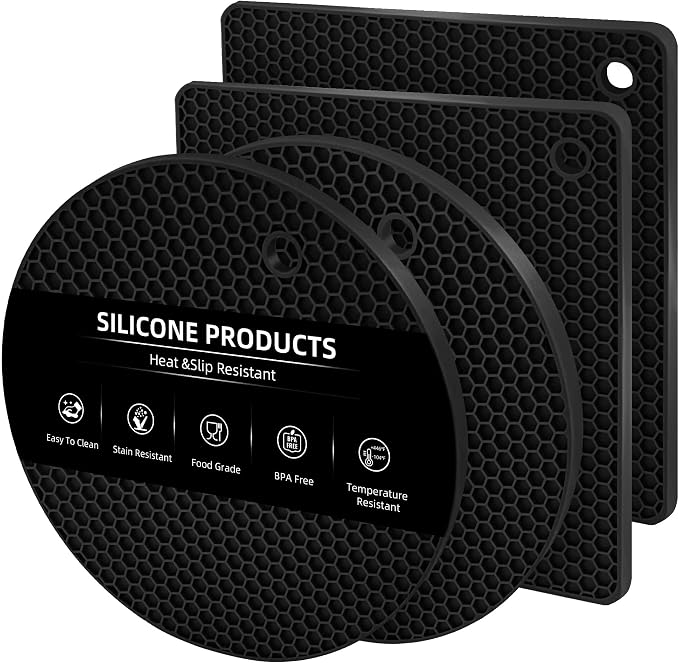 TWTLi Silicone Trivets for Hot Dishes, Set of 4 Trivet Mats, Heat Resistant Hot Pads for Kitchen Countertops, Non-Slip Honeycomb Pot Holders & Counter Protectors for Hot Pots & Pans (Black)