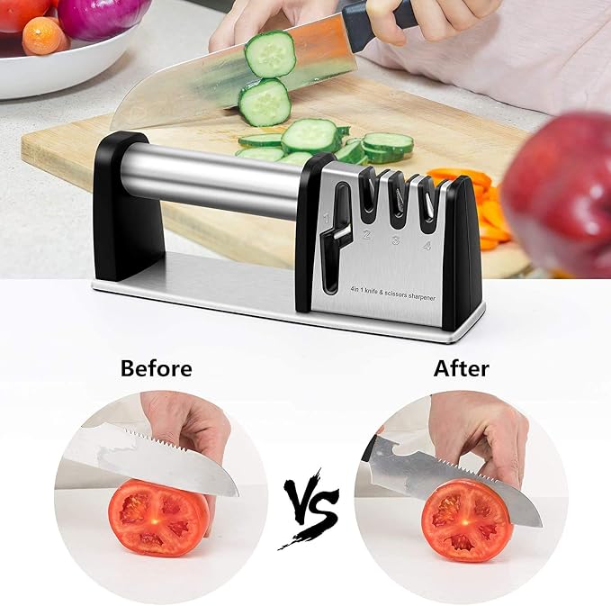 JCHOPE Knife Sharpeners, 4 in 1 Kitchen Blade and Scissors Sharpening Tool, Powerful Professional Chef's Kitchen Knife Accessories, Manual Knife Sharpener Kitchen (Silver), middle