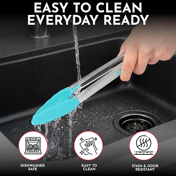 Kitchen Tongs with Silicone Tips Set of 3 Heat Resistant Tongs for Serving Food, 7-Inch, 9-Inch, 12-Inch Locking Silicone Tongs for Cooking, Salad Tong, Aqua Kitchen Utensils