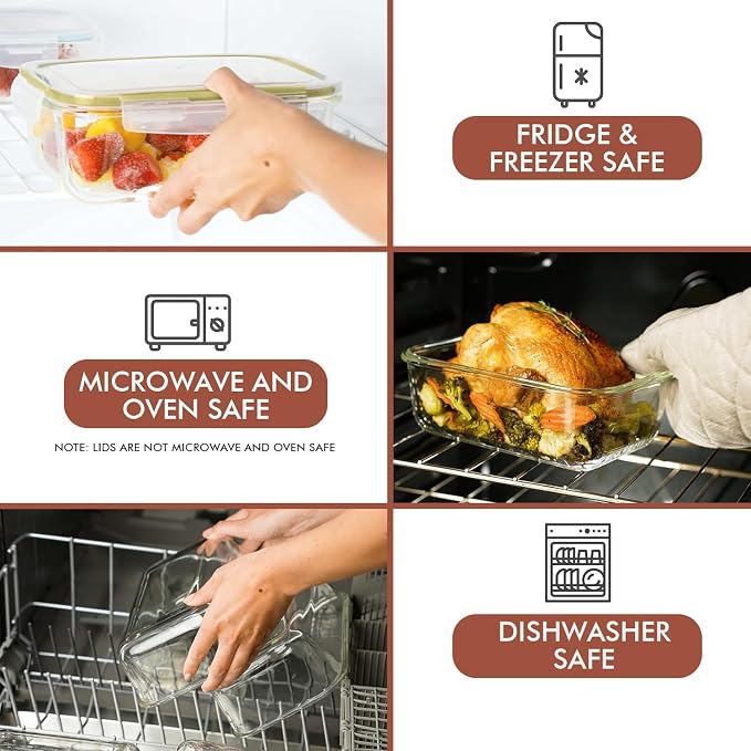 Razab 35 Pc Set Glass Food Storage Containers with Lids - Meal Prep Airtight Bento Boxes BPA-Free 100% Leak Proof (15 lids,15 glass & 5 Plastic Sauce/Dip Containers)