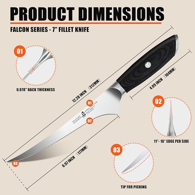 TUO Fillet Knife, 7 Inch Professional Fish Boning Knife for Trimming Meat & Poultry, Flexible Blade, High Carbon German Steel, Riveted Handle - Falcon Series