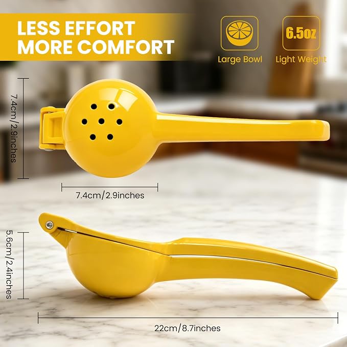 Lemon Squeezer, Fast Effortless Juice Extraction with Large Metal Citrus Juicer, Maximum Yield Lightweight Hand Lime Squeezer, Manual Lemon Juicer Press, Easy to Use Squeeze Tool, Yellow
