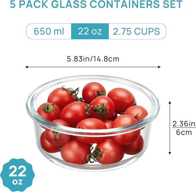 Vtopmart 5Pack 22oz Glass Storage Containers with Lids, Green, Round | Glass Meal Prep Food Container Sets, Snap Airtight Lid, For Microwave, Oven, Freezer and Dishwasher, BPA Free