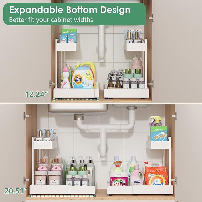 L-Shaped Under Sink Organizer with 6-Level Height Adjustment | Expandable Width, Pull-Out Cabinet Storage Rack with Quiet Sliding Rails for Kitchen, Bathroom, Laundry Room Cabinets, White