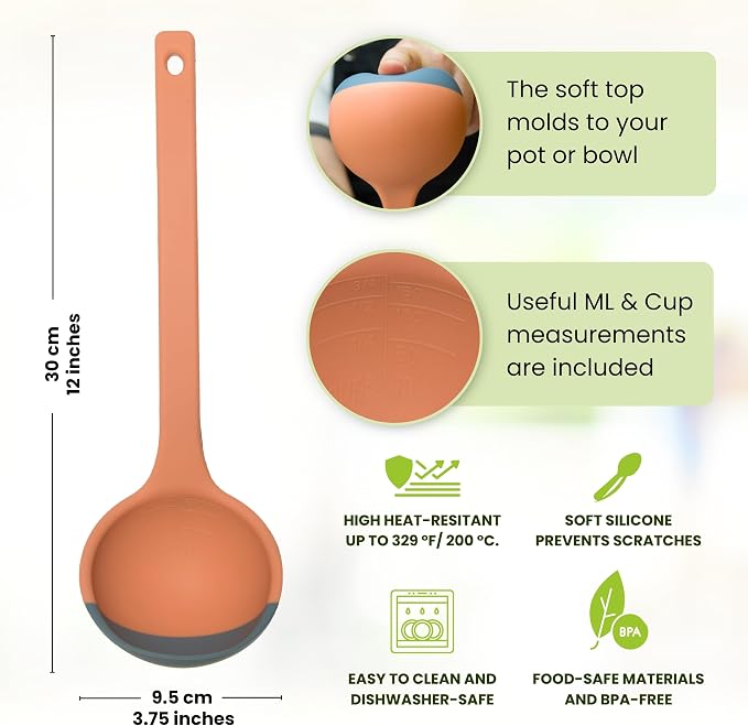 Silicone Spoon - Colorful Silicone Spatula Ladle with a Soft Top to Mold to your Pots & Pans. (Blue/Orange)