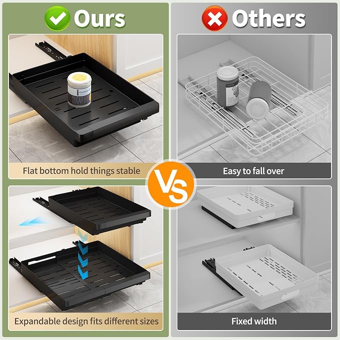 DOMNIU Pull Out Cabinet Organizers Expandable,Black,16.9"Depth,2 Pack | Slide Out Drawers for Kitchen, Bathroom, Pantry, Under Sink Storage, Fixed with Adhesive Nano Film (11.6''-17.5'')
