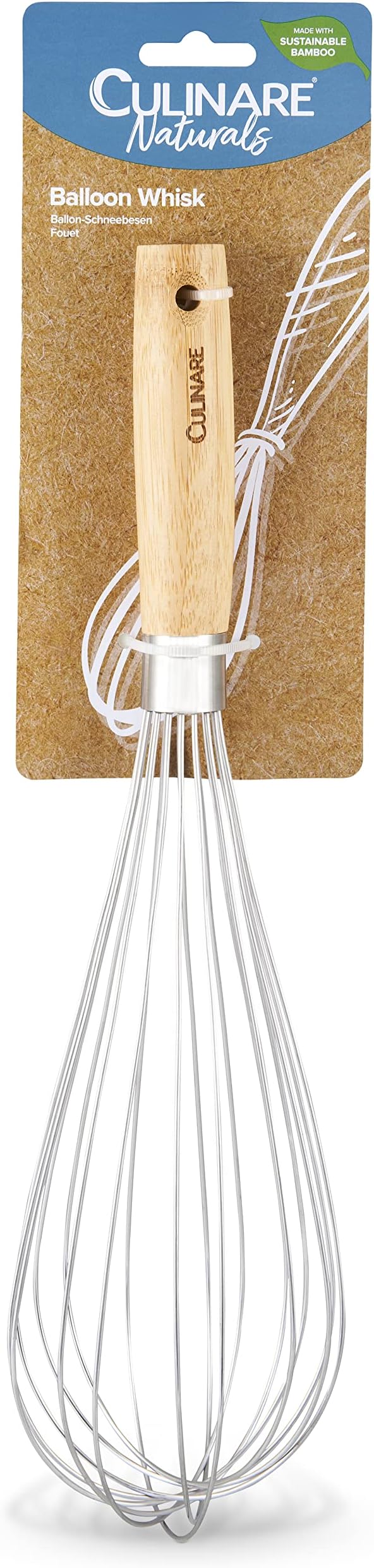 Culinare Naturals C70010 Whisk | Sustainable Bamboo/Stainless Steel | (L)340mm x (W)90mm | Manual Hand Held Whisking Tool/Kitchen Utensil | Metal Balloon Whisk | Not Dishwasher Safe