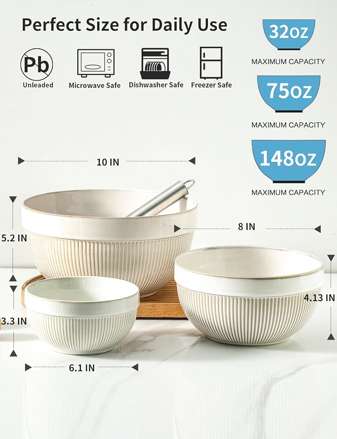 Large Ceramic Mixing Bowls, Glazed White Kitchen Bowl (10"/8"/6"), Set of 3 Nesting Bowls for Baking, Cooking, Serving, Prepping, Dough Kneading, Microwave and Dishwasher Safe