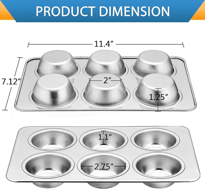 E-far Muffin Pan Set of 3, Stainless Steel Muffin Pan Tin for Baking, 6-Cup Metal Cupcake Pan Tray, Non-toxic & Healthy, Oven & Dishwasher Safe, Regular Size - 11.44 x 7.12 x 1.25 inch