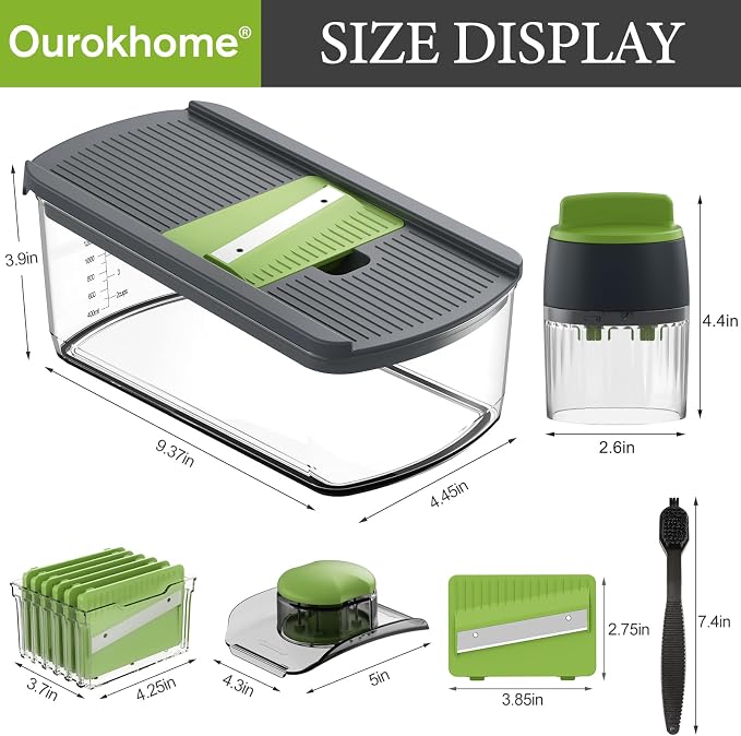 Ourokhome Mandolin Slicer with Handheld Spiralizer, Hand Safe Vegetable Shredder with 6 Mandoline Blades, Veggie Waffle Cutter for Potato, Carrot, Zucchini, Essential Kitchen Gadgets (10 in 1, Gray)