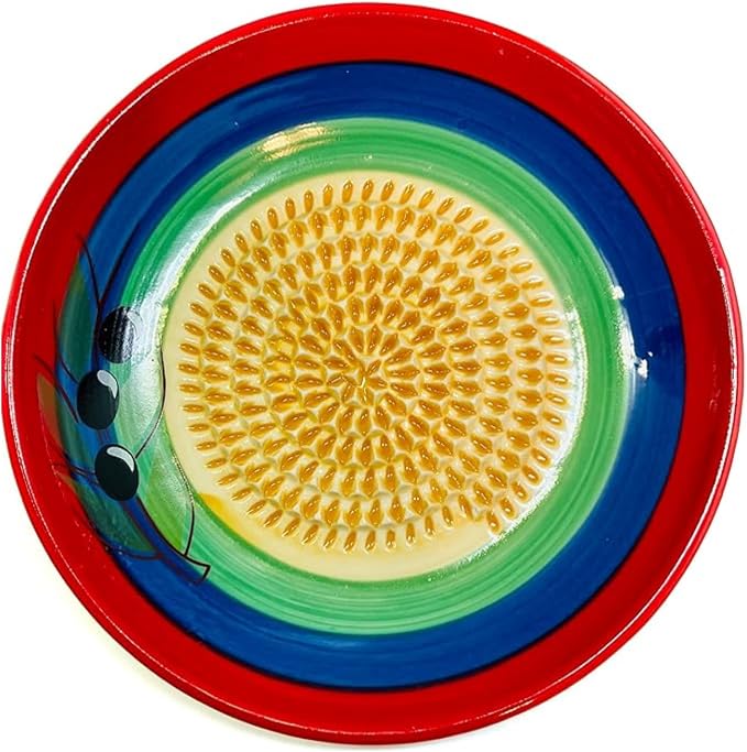 BonCera, All-in-one Premium Ceramic Garlic Grater Plate 4-Piece Set - Classic Multicolor Olive Design - For Garlic, Ginger, Chocolate, and more! - Comes with 5.25" Plate, Peeler, Brush, and Stand