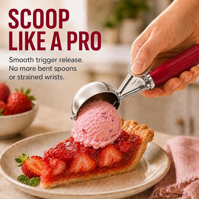 1.33oz Ice Cream Scoop with Trigger #24 - Stainless Steel Cookie Scoop for Baking, Portion Scoop for Cookie Dough, Cupcake, Mashed Potatoes - Easy Portion Control, Comfortable Non-Slip Handle (Red)
