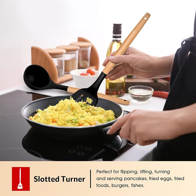 E-far Cooking Utensils Set of 6, Silicone Kitchen Utensils with Wooden Handle, Non-stick Cookware Friendly & Heat Resistant, Includes Spatula/Ladle/Slotted Turner/Serving Spoon/Spaghetti Server(Black)