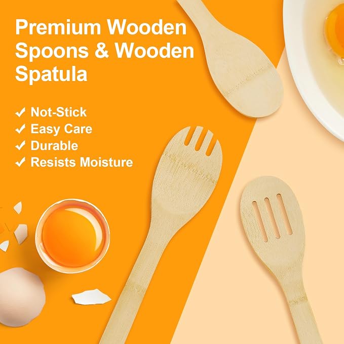 5 Piece Wooden Spoons - Natural Bamboo Wood Cooking Utensils Set,Nonstick Wooden Spatula & Spoons for Cooking,Premium Wood Kitchen Utensil Set,Housewarming Gifts New Home