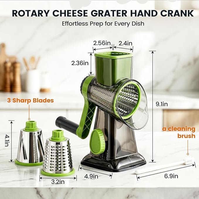 HANSGO Rotary Cheese Grater, 3 Stainless Steel Blades, Labor-Saving Handle, Strong Suction Base, for Cheese, Vegetables, Nuts, Chocolate & Fruits, Ideal for Family Meals, Salads, Pasta & Easy Cleanup
