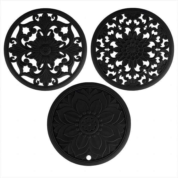 Silicone Trivets - Silicon Mats for Hot Pots and Pans, Multi-Use Carved Hot Pads, Flexible Modern Kitchen Table Mat, Heat Resistant Round Teapot Coaster Set of 3 Black
