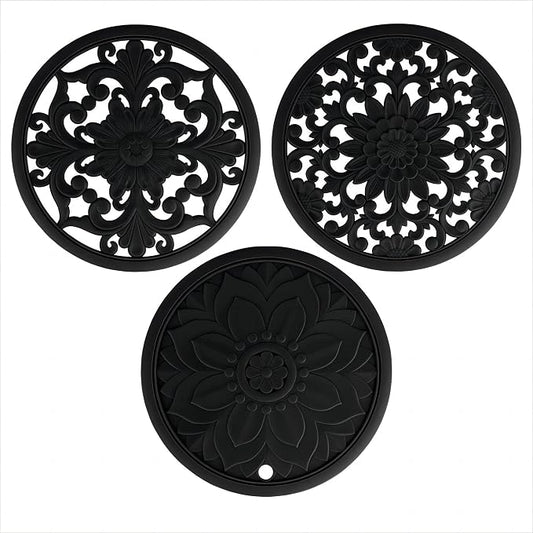 Silicone Trivets - Silicon Mats for Hot Pots and Pans, Multi-Use Carved Hot Pads, Flexible Modern Kitchen Table Mat, Heat Resistant Round Teapot Coaster Set of 3 Black