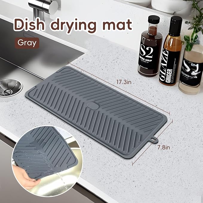 Silicone Dish Drying Mat with Drain Lip 16.8” x 7.8”, Heat-Resistant Sloped Sink Draining Tray for Kitchen Worktops, Draining Mat, Rack Mat, Multi-Purpose Hot Pads