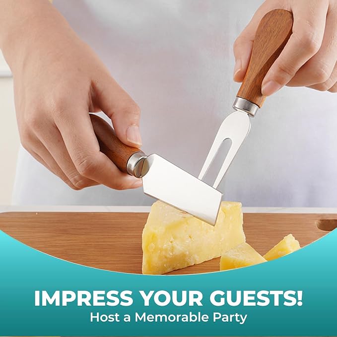 YUANQIAN Cheese Knife Set with Acacia Wood Handles - Cheese Knife, Spreader, Fork, Slicer - Mini Stainless Steel Cheese Tools for Charcuterie Boards (4Pcs/Set, S)