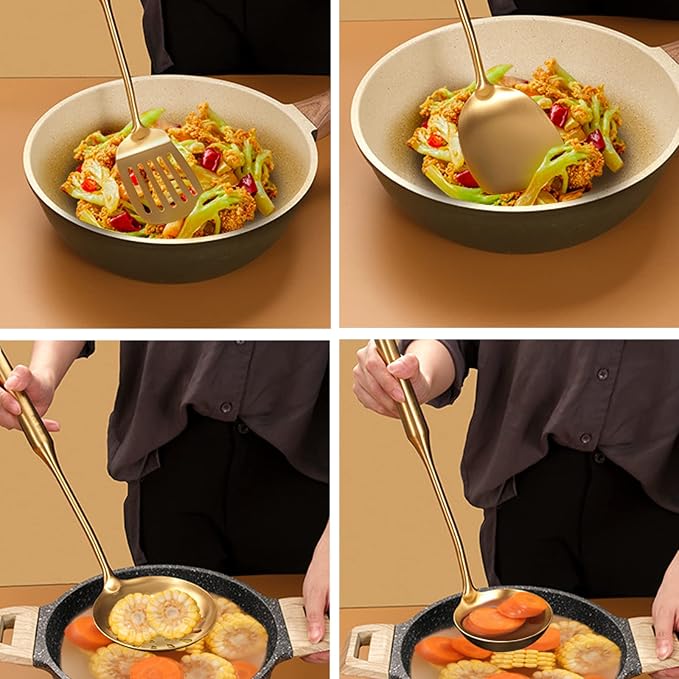 Kitchen Utensil Set, 6 Piece Stainless Steel Cooking Utensil Set, Gold Cooking Tools Spatula, Ladle, Skimmer, Slotted Tuner, Spaghetti Server, Rice Scoop Spoon
