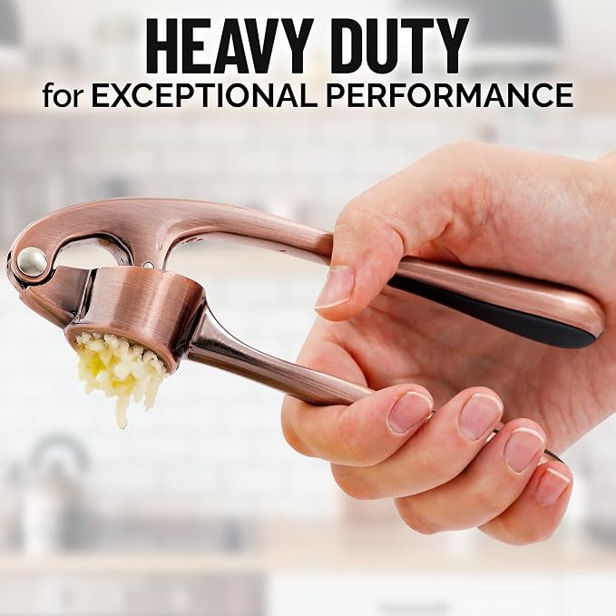 Zulay Kitchen Premium Garlic Press Set - Rust Proof Professional Garlic Mincer Tool - Easy-Squeeze, Easy-Clean with Soft, Ergonomic Handle - Silicone Garlic Peeler & Brush (Copper)