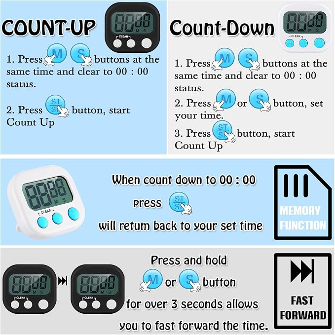Xuhal 100 Pieces Digital Kitchen Timer Bulk, Small Magnetic Timers for Classroom, Digits Stopwatch Clock Timer for Cooking Baking Sports Games Office, Not Including Battery (Black,White)