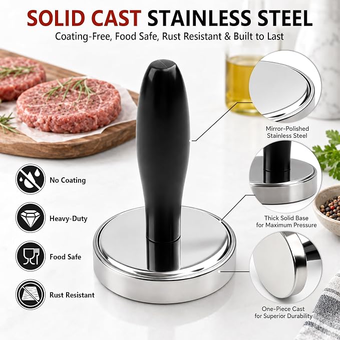 Meat Pounder Tenderizer, Solid Stainless Steel Meat Flattener & Smash Burger Press, Heavy-Duty Round Base Flattens Chicken, Steak, Pork Chops, and Smash Burgers with Less Effort