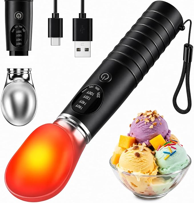 Heated Ice Cream Scoop Rechargeable, Electric Ice Cream Scooper with 4 Temp Modes & LED Display, Heats up to 160°F for Rock-Hard Ice Cream, IPX7 Waterproof Kitchen Gadget for Seniors & Kids (Black)