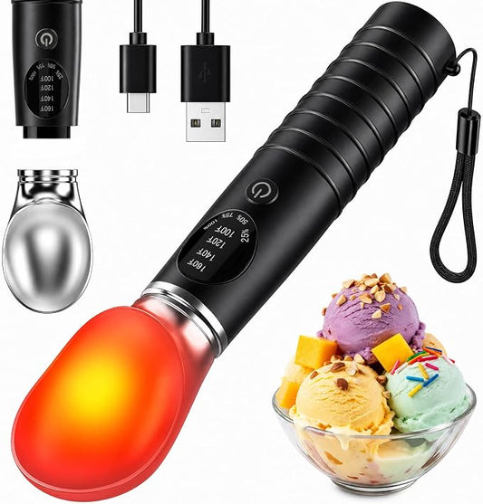 Heated Ice Cream Scoop Rechargeable, Electric Ice Cream Scooper with 4 Temp Modes & LED Display, Heats up to 160°F for Rock-Hard Ice Cream, IPX7 Waterproof Kitchen Gadget for Seniors & Kids (Black)