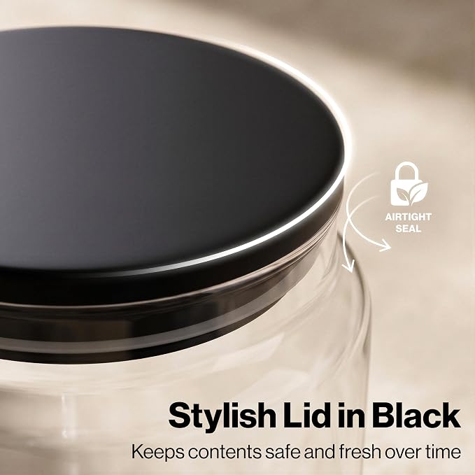 Glass Pantry Storage Jars Containers with Black Lids and Labels - Set of 2 | Extra Thick Round Glass Canisters with Black Lids and 63 Pre-printed Pantry Labels keeps dry Goods Fresh and Organized