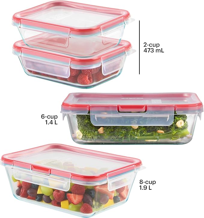 Pyrex Freshlock (4-Pack) Mixed Sized Glass Food Storage Containers Set | Meal prep containers with airtight locking lids, meal prep, dishwasher & microwave safe
