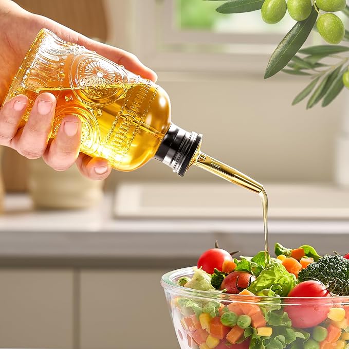Baalaka Glass Olive Oil Dispenser Bottle Set, 7 oz, 2 Pack | Glass oil dispenser for kitchen with metal spouts; small oil bottles with funnel, labels and stoppers for syrup and juice