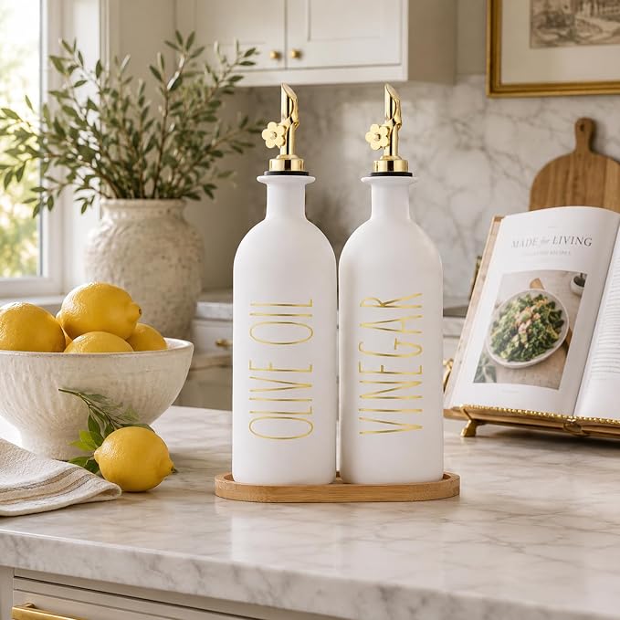 HOMCDALY 16oz Olive Oil Dispenser Bottles for Kitchen, Gold Oil&Vinegar Dispenser Set, Glass Oil Dispenser for Kitchen with Bamboo Tray | Set of 2 (16oz-P-Gold)