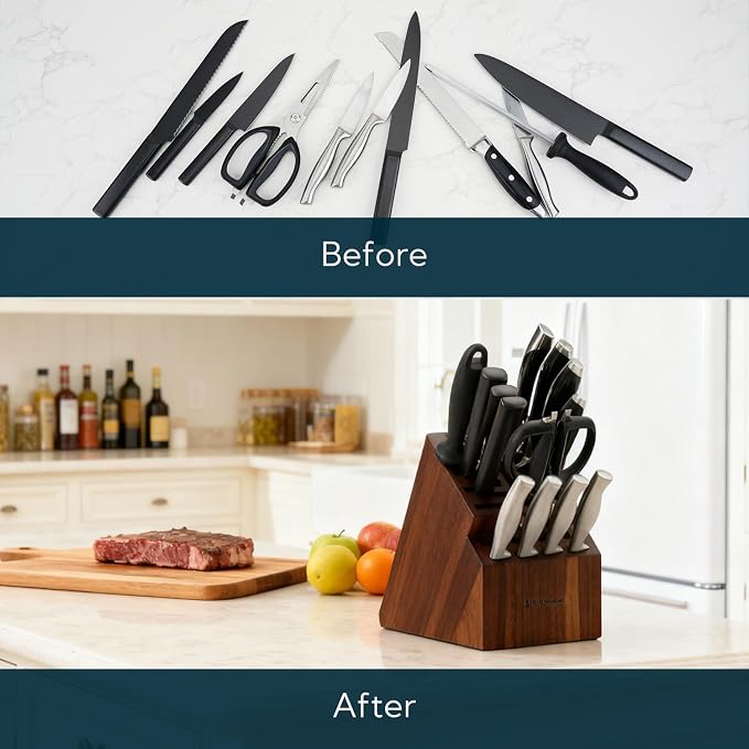 KITCHENDAO 20 Slot Acacia Wood Knife Block without Knives, Universal Knife Holder for Kitchen, Holding Multiple Types of Knives, Countertop Butcher Block Knife Stand for Easy Kitchen Storage