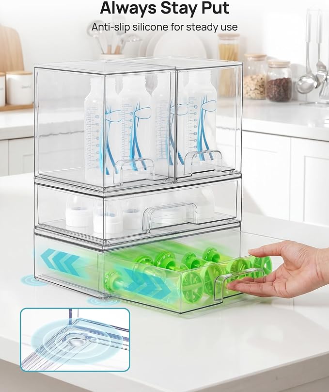 Vtopmart Clear Stackable Storage Drawers Set of 4, Baby Bottle Organizer | Plastic Organizer Bins for Makeup, Cosmetics, Beauty Supplies,Ideal for Vanity, Bathroom,Cabinet,Pantry Organization
