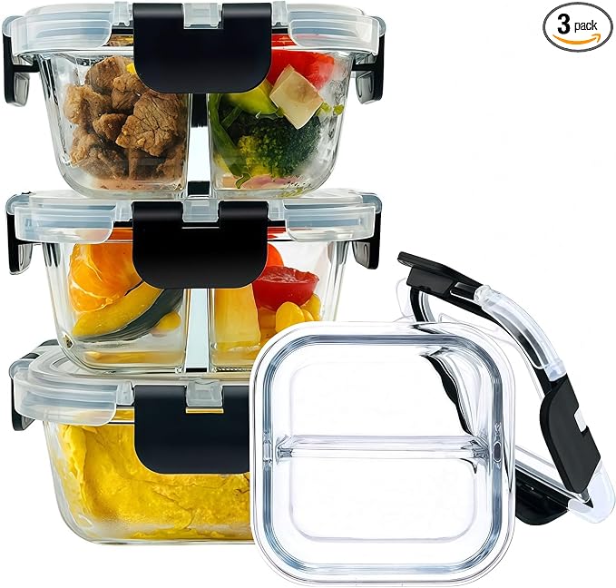 3 Pack Bariatric Meal Prep Containers, 8oz Glass Snack Containers | Glass Bariatric Portion Control Containers with Two 4 oz Compartments, Reusable Lunch Box Bento Box with Lids,Black