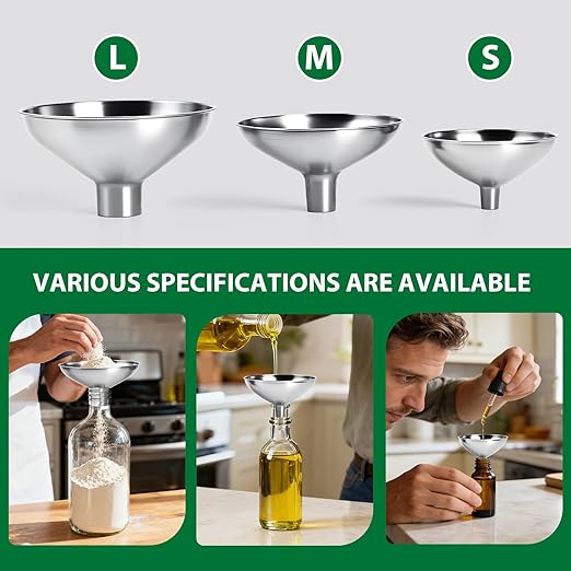 3-Piece Stainless Steel Kitchen Funnel Set, Includes 3 Sizes for transferring seasonings, Oils, Liquids, Dry Goods and Powders. Durable and Reusable, with Easy Cleaning.