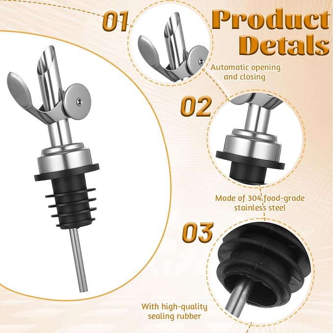 2 PCS Olive Oil Dispenser Spout, Olive Oil Spout for Liquor Bottles | Self Closing Oil Bottle Spout, Auto Flip Liquor Pour Spout for Oil, Vinegar, Syrup and Alcohol, Black silver