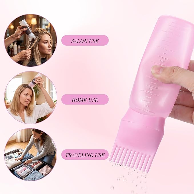 Pimoys 2Pcs 6Oz Root Comb Hair Dye Oil Applicator Bottles For Scalp | Pink White, Plastic Squeeze Bottle Dispenser with Graduated Scale, Comb Tip Applicator For Hair Coloring Oiling Home Salon