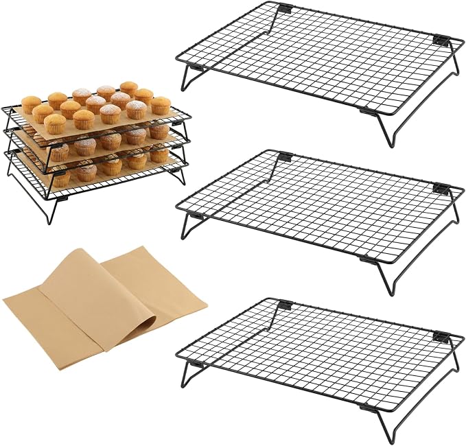 Cooling Racks for Cooking and Baking, 3-Tier Heavy-Duty Wire Cooling Rack | Bread Pie Waffles Roast Cookie Stackable Cooling Racks 10"x13.5", Oven and Dishwasher Safe, 50 Parchment Paper Included