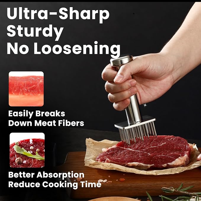 304 Stainless Steel Meat Tenderizer Tool with 18 Sharp Needles, Solid Needle Meat Tenderizer One-Piece Design, BBQ Marinade Gadgets for Steak, Beef, Chicken, Pork, Dishwasher Safe