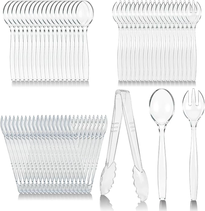 CXPSINC Disposable Plastic Serving Utensils Set 18-Piece, Including 6 Clear Plastic Serving Spoons, 6 Tongs & 6 Forks, Disposable Serving Utensils For Catering Buffets Events (Clear, 18pcs Utensils)