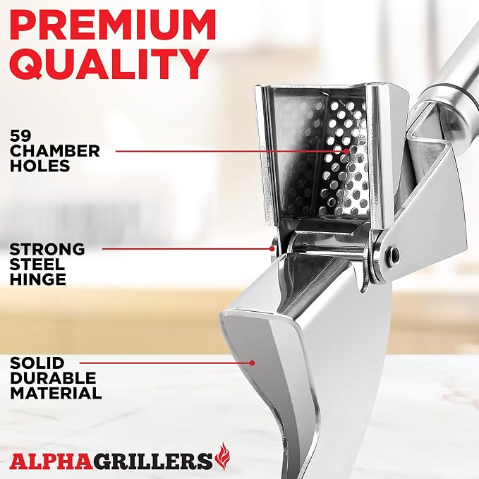 Alpha Grillers Garlic Press Stainless Steel - Easy to Clean, Rust-Proof, Dishwasher Safe - Stainless Steel Garlic Press, Mincer, Crusher with Silicone Peeler & Cleaning Brush