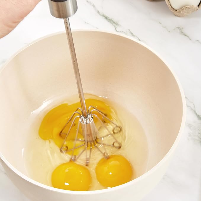 BergHOFF Essentials Stainless Steel 14" Miracle Whisk, Rotate Balloon Head, Soft-touch Handle, Beating Eggs, Dough, Mixing, Stirring, Black