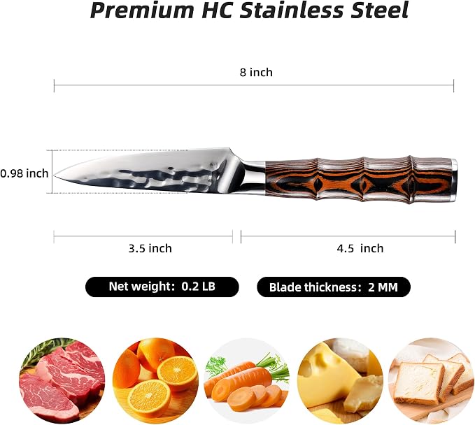 Kitory Paring Knife 3.5 Inch Kitchen Peeling Knife HC German Stainless Steel Hammered Ultra Sharp Blade Bamboo Shape Handle for Home Restaurant Gift