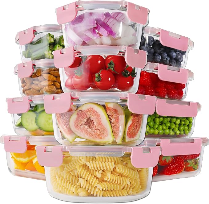 HOMBERKING 24pc Glass Food Storage Containers with Lids, Airtight Glass Bento Boxes, BPA Free & Leak Proof, Pantry Kitchen Storage (12 Lids & 12 Containers) - Pink