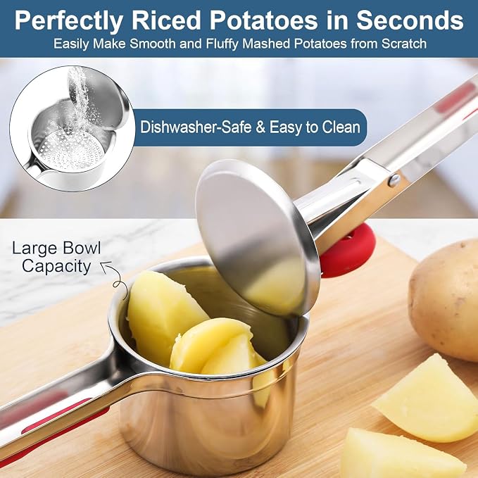 Large 15oz Potato Ricer Heavy Duty Stainless Steel Potato Masher and Ricer Kitchen Tool, Press and Mash Kitchen Gadget For Perfect Mashed Potatoes - Everytime (Red)