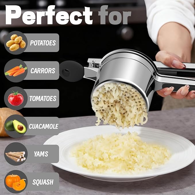 Large 15oz Potato Ricer Heavy Duty Stainless Steel Potato Masher and Ricer Kitchen Tool, Press and Mash Kitchen Gadget For Perfect Mashed Potatoes - Everytime (Black)