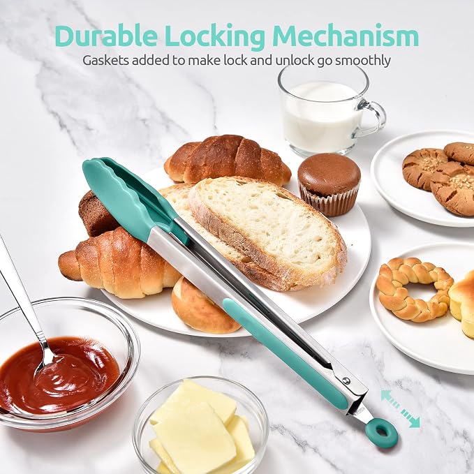 Heat Resistant Silicone Kitchen Tong: U-Taste 12 inch Large 480ºF Hot Proof Cooking Tong with Sturdy Non Stick Rubber Tips & Silicon Coated Steel Handle & Smooth Locking for Serving Salad (Aqua Sky)