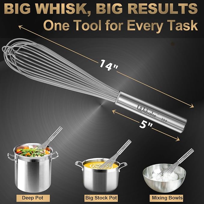 Webake 14 Inch Commercial Whisk, 304 Stainless Steel Large Whisk, Extra-Thick 2.5mm Wires, Professional Kitchen Tool for Mixing, Beating, Blending